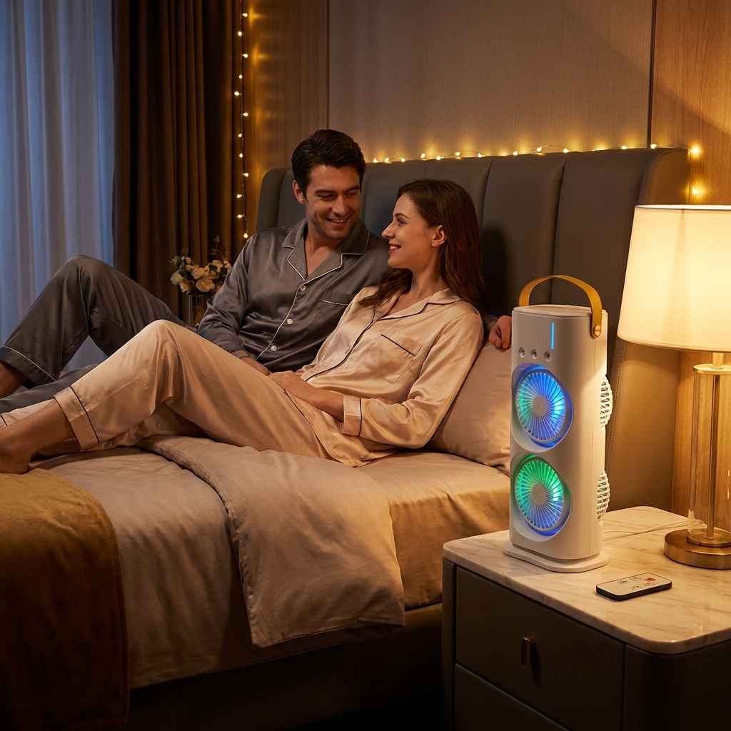 Rechargeable Double Head Cooling Fan with Remote Control, Mist Spray, LED Light, 4000mAh Battery thumbnail 5