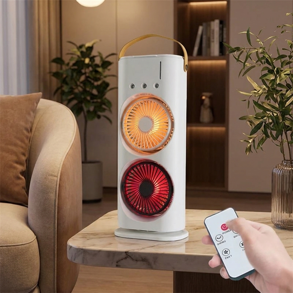 Rechargeable Double Head Cooling Fan with Remote Control, Mist Spray, LED Light, 4000mAh Battery thumbnail 2