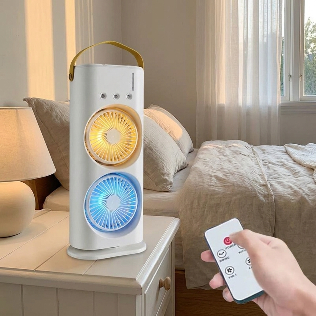 Rechargeable Double Head Cooling Fan with Remote Control, Mist Spray, LED Light, 4000mAh Battery thumbnail 3