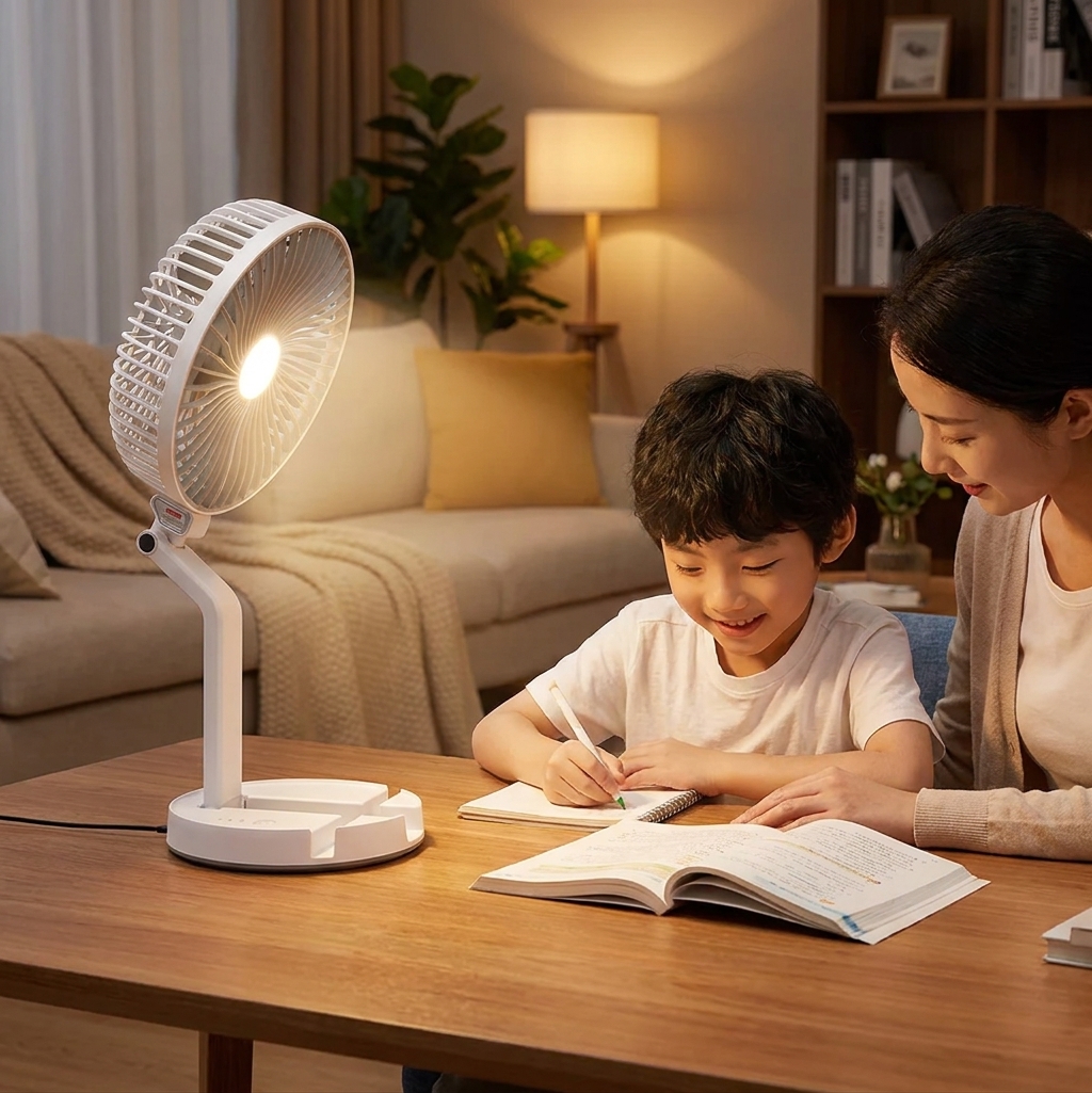 LR2018 Rechargeable Folding Table Fan with LED Light, Portable Mini Fan for Home & Office thumbnail 4